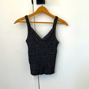 American Eagle Soft & Sexy Cropped Ribbed Black & Silver Metallic Tank Size Sm